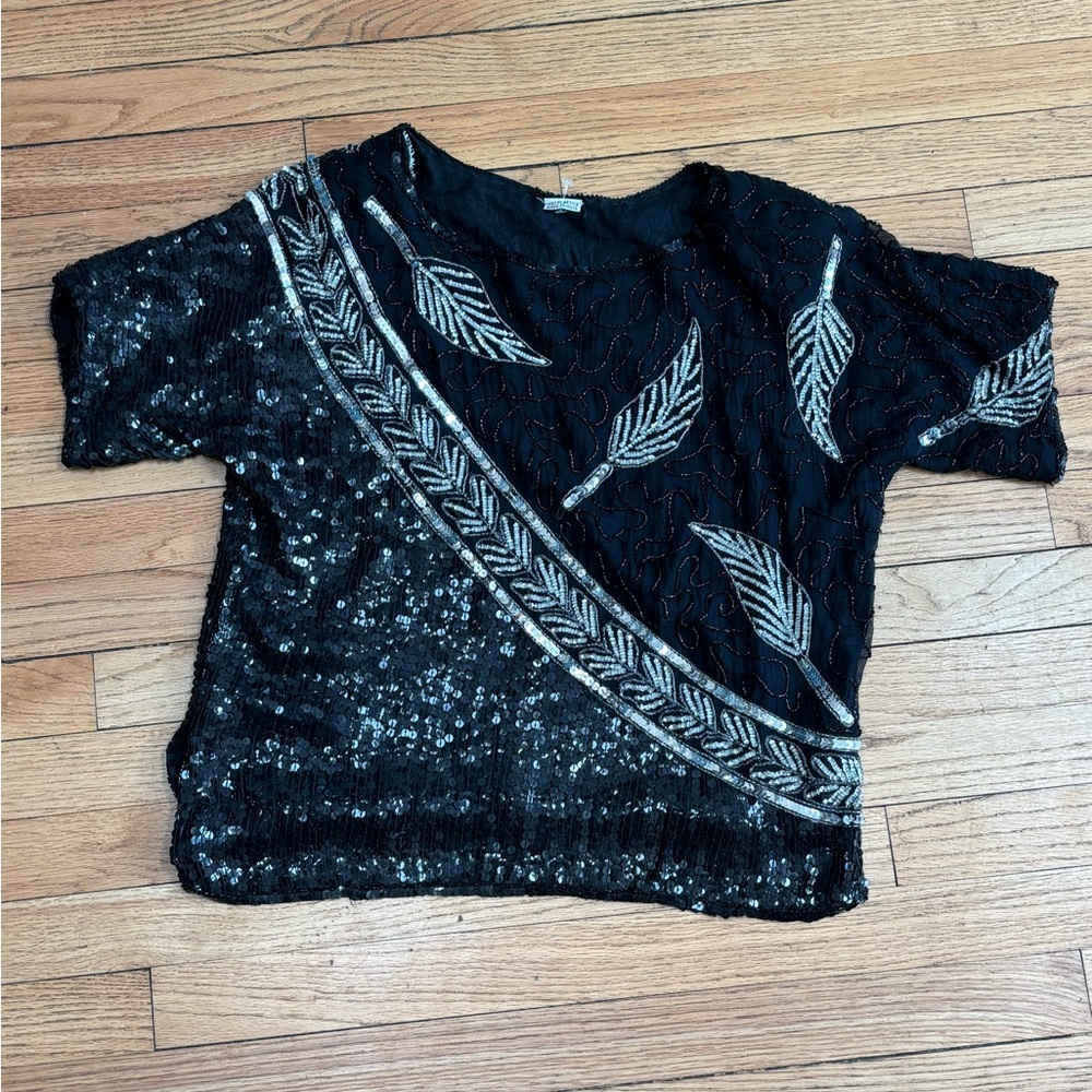 vintage 1980s J.L.B. women's black and silver sequined glam rock blouse M